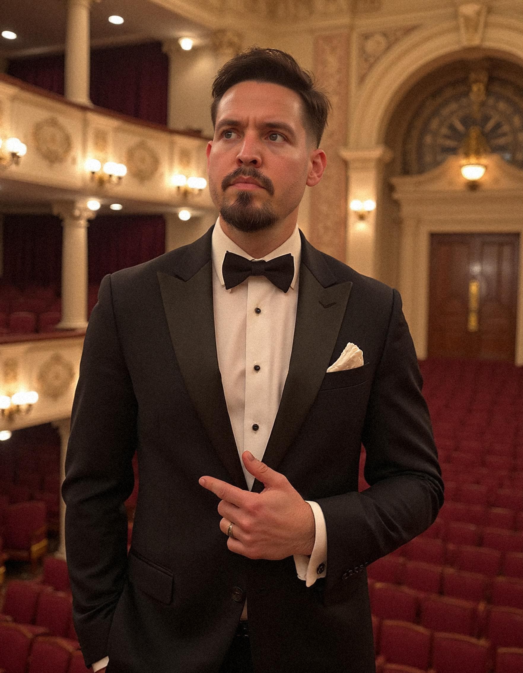 Adrián en tuxedo en teatro