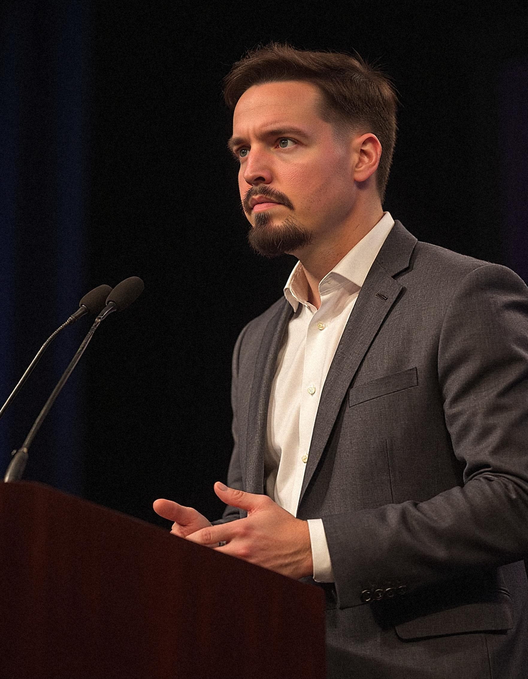 Adrián en podio con micrófonos